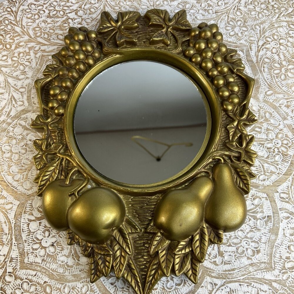 VTG Goldtone Mirror Fruit Design Cast Plaster Baroque Ornate Wall Mirror 10.5x8 - Picture 2 of 11